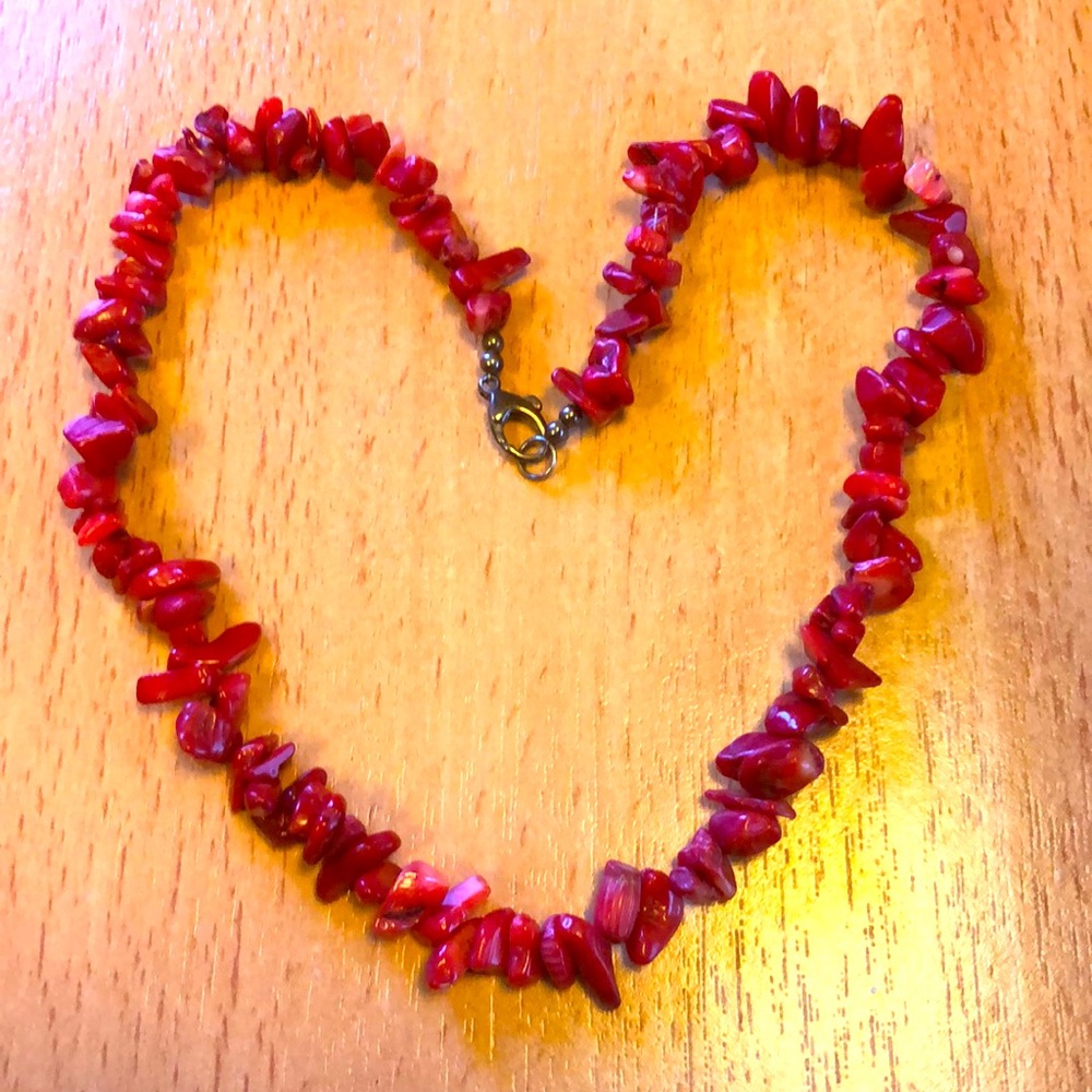Coral beaded necklace with clasp approx 16” handmade